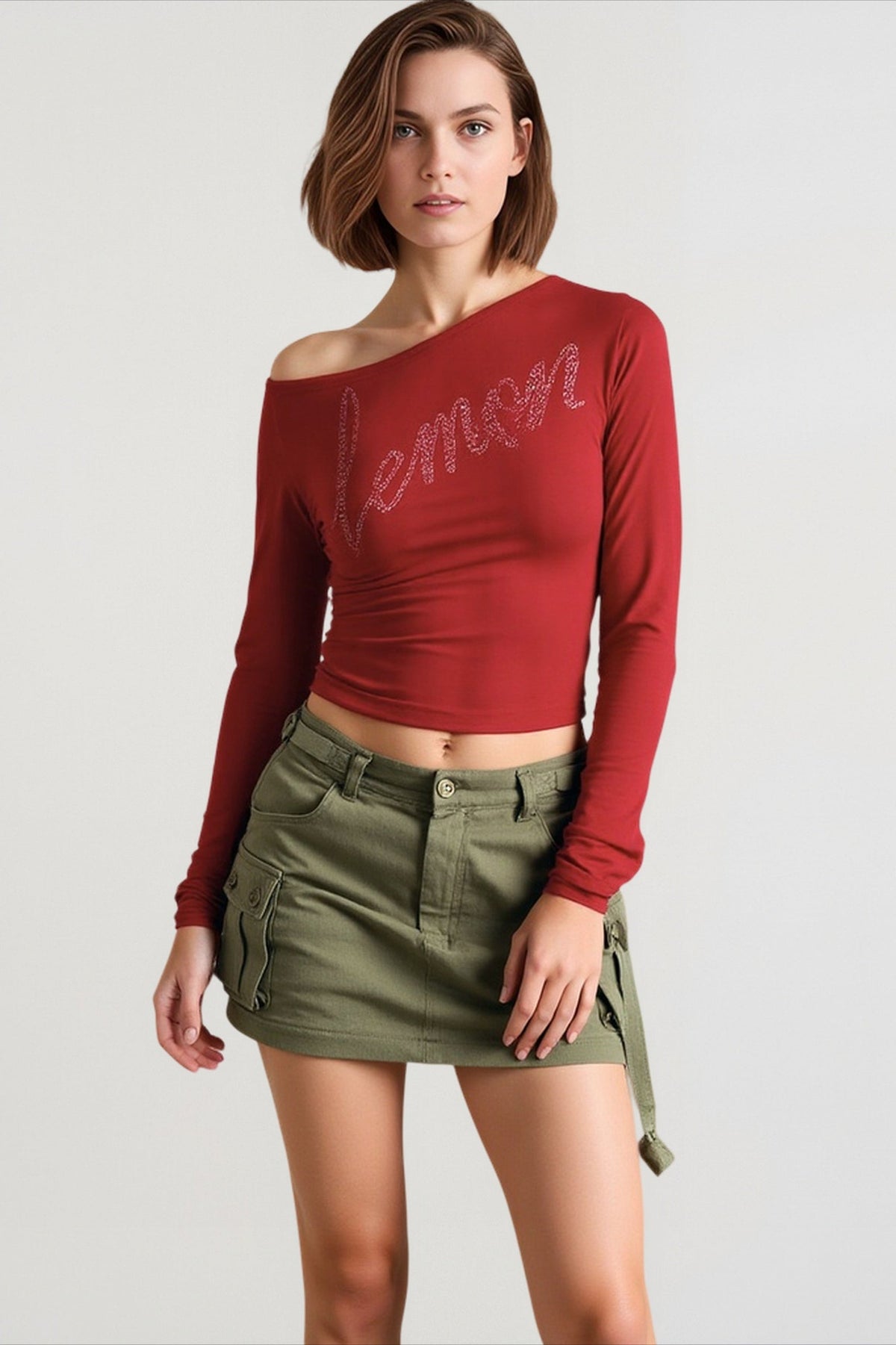 Off Shoulder Rhinestone Fitted T-shirts