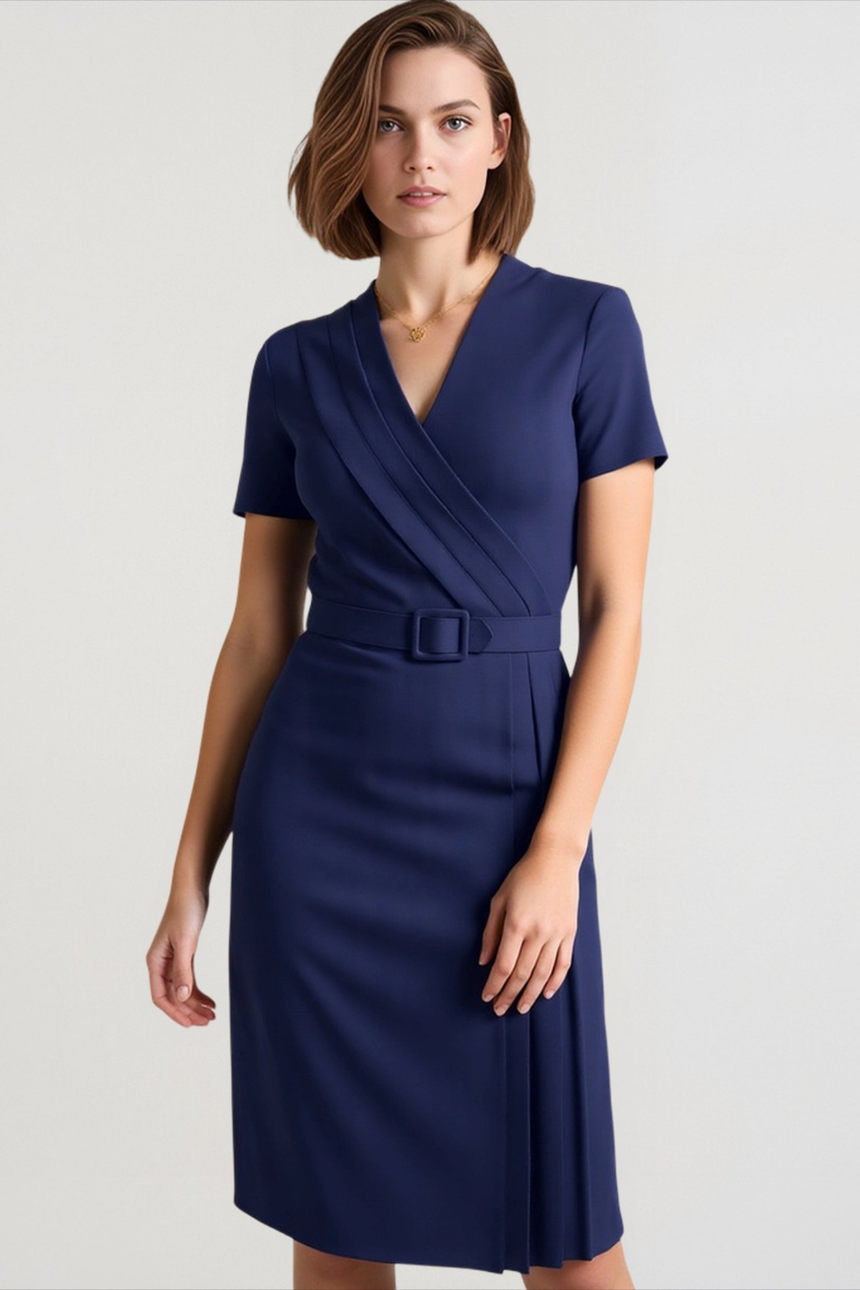 V-Neck Waistband Short Sleeve Solid Pencil Office Dress