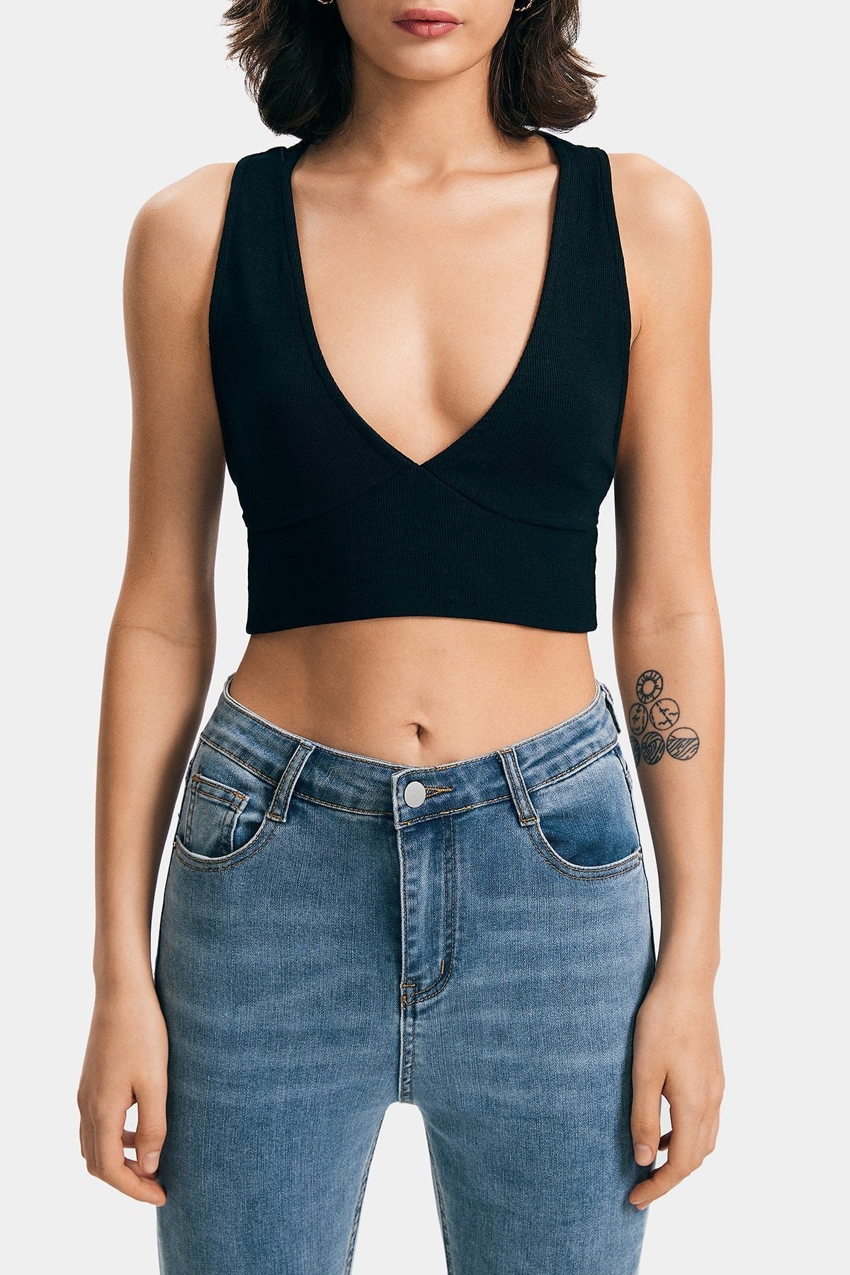Plunging Neck Cross Back Ribbed Tank Top