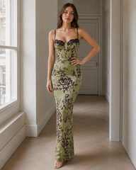 Lace Color Block Printed Slit Bodycon Maxi Dress