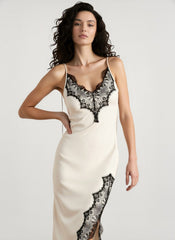 Lace Spaghetti Strap Silk-Like Slit Maxi Dress