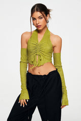 Halter Neck Drawstring Ruched Long Sleeve Top With Oversleeve