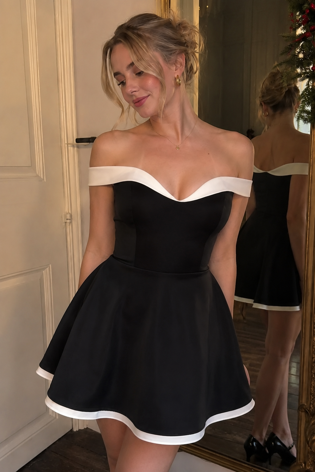 Elegant Off Shoulder Contrast Color Chest Baring Waist Cinching Mini Dress