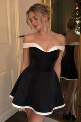 Elegant Off Shoulder Contrast Color Chest Baring Waist Cinching Mini Dress