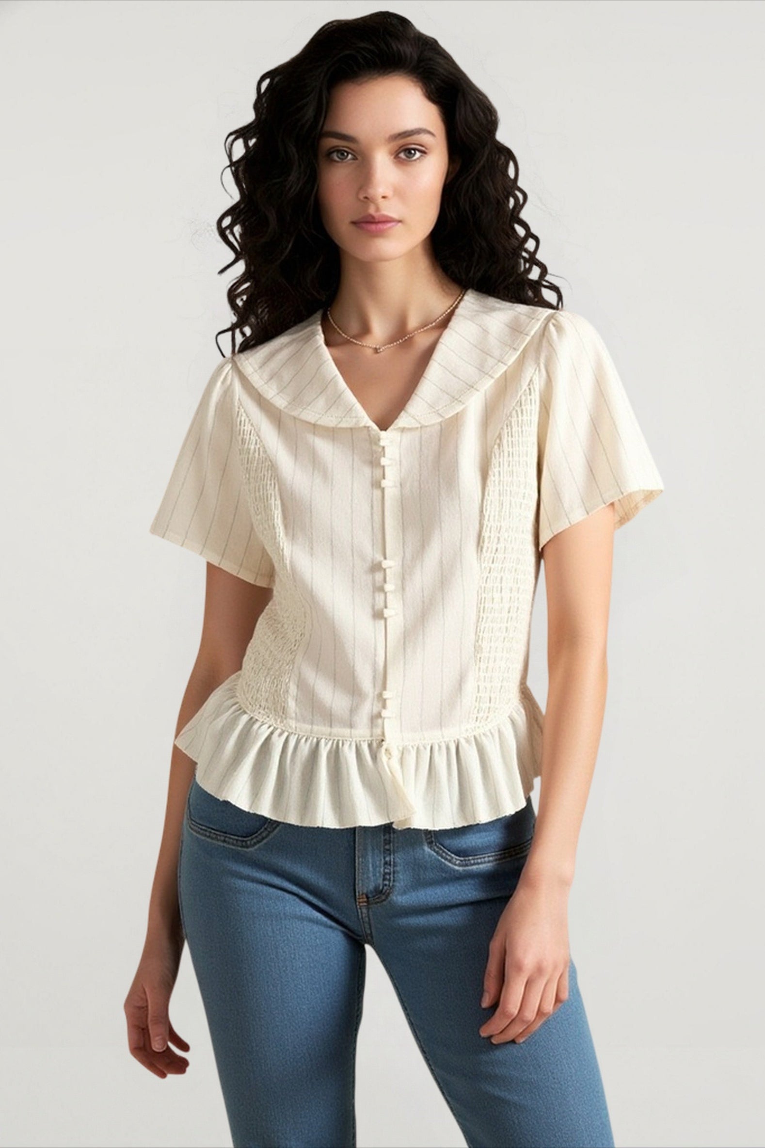 Linen Stripe V Neck Tie Waist Blouse