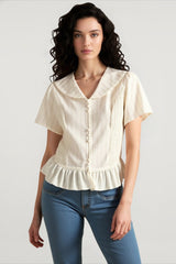 Linen Stripe V Neck Tie Waist Blouse