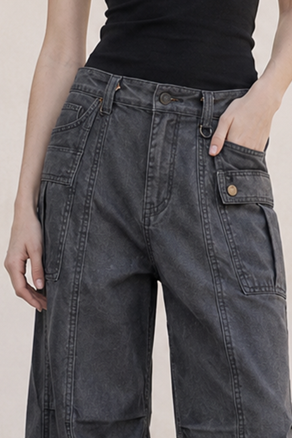 Washed Multi Pocket Flared Cargo Pants