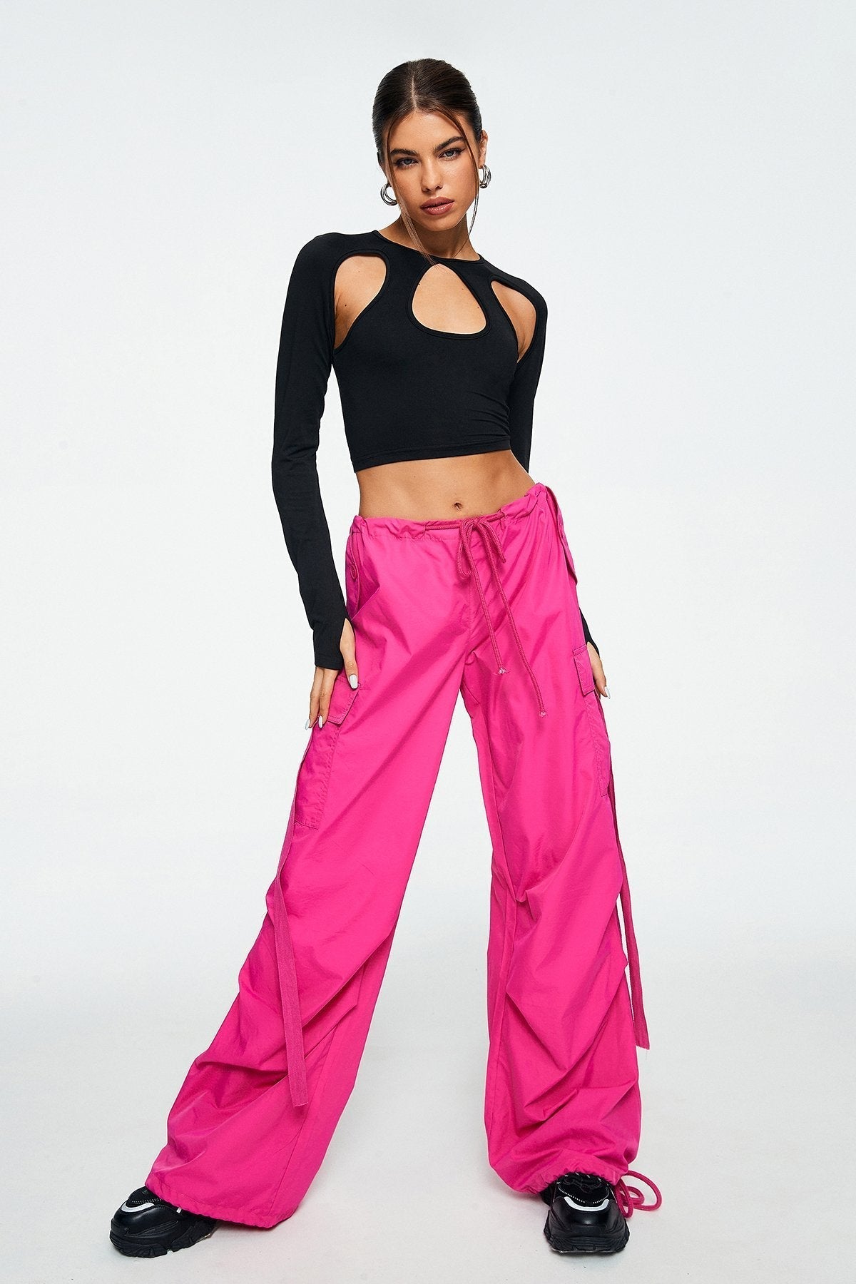 Drawstring Waist Pocket Patched Parachute Pants