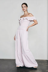 Ruffle Off Shoulder Top Pants Vacation Set