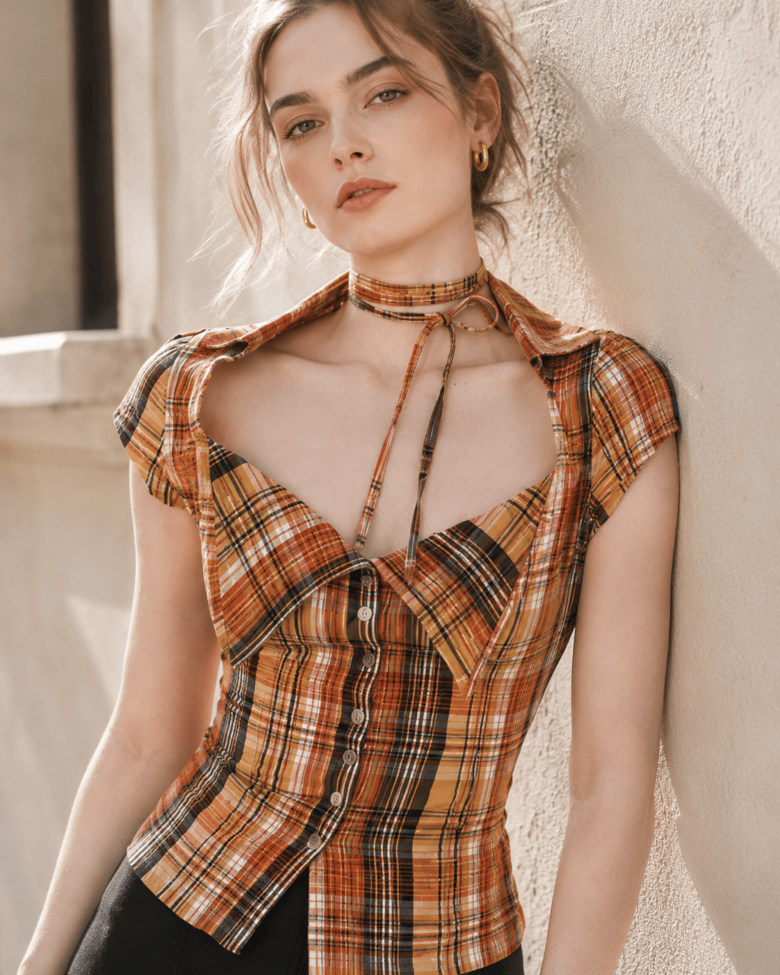Plaid Fitted Waist Tie Neck Short Button Front Blouse