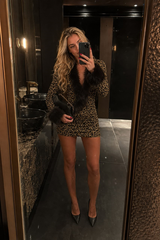 Leopard Print Shiny Fur Collar Patchwork Two Piece Set