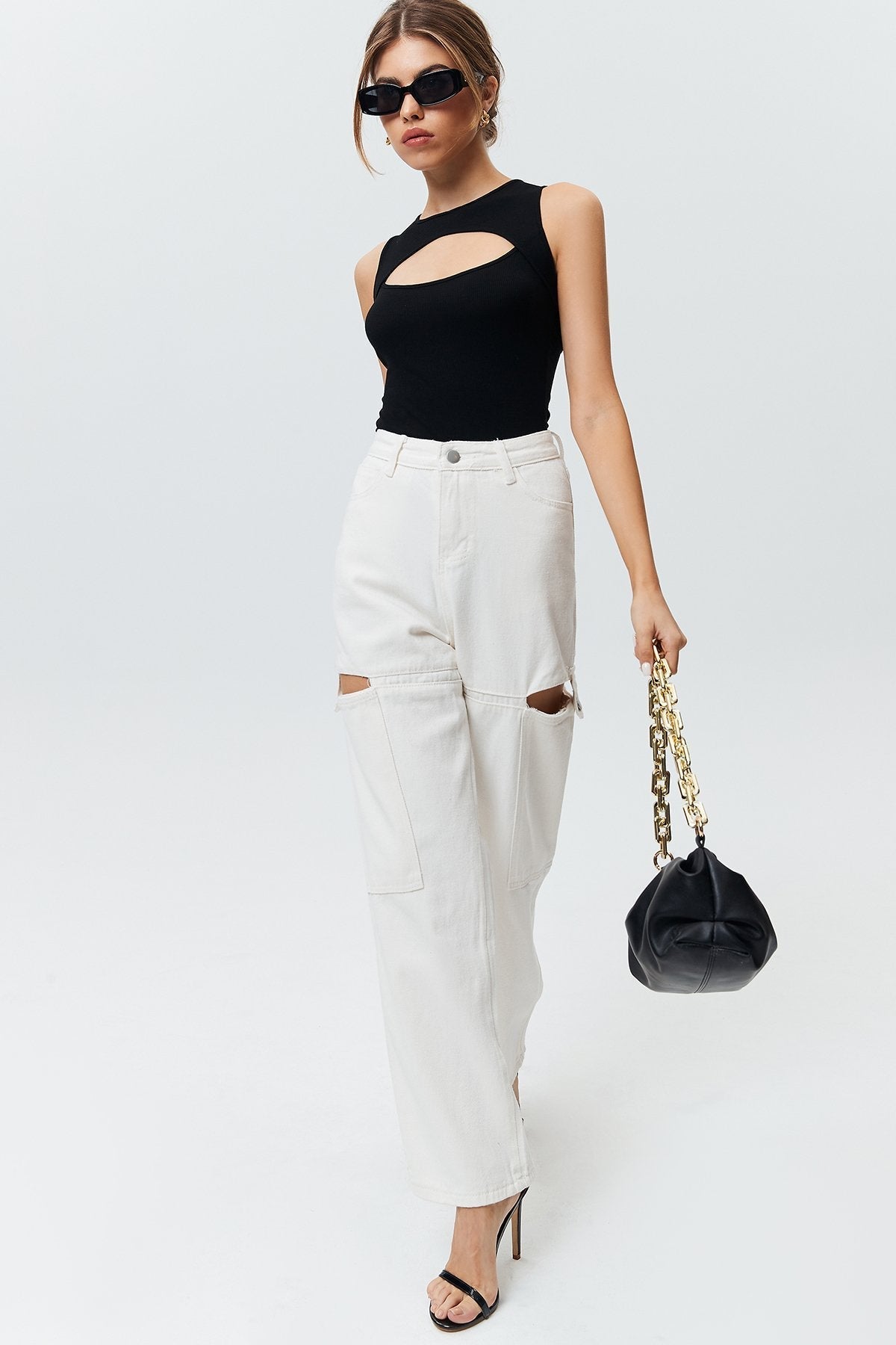 Cut Out Zip Up Straight Leg Casual Pants