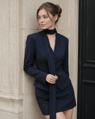 V Neck Striped Fitted Blazer Skirt Two Piece Set