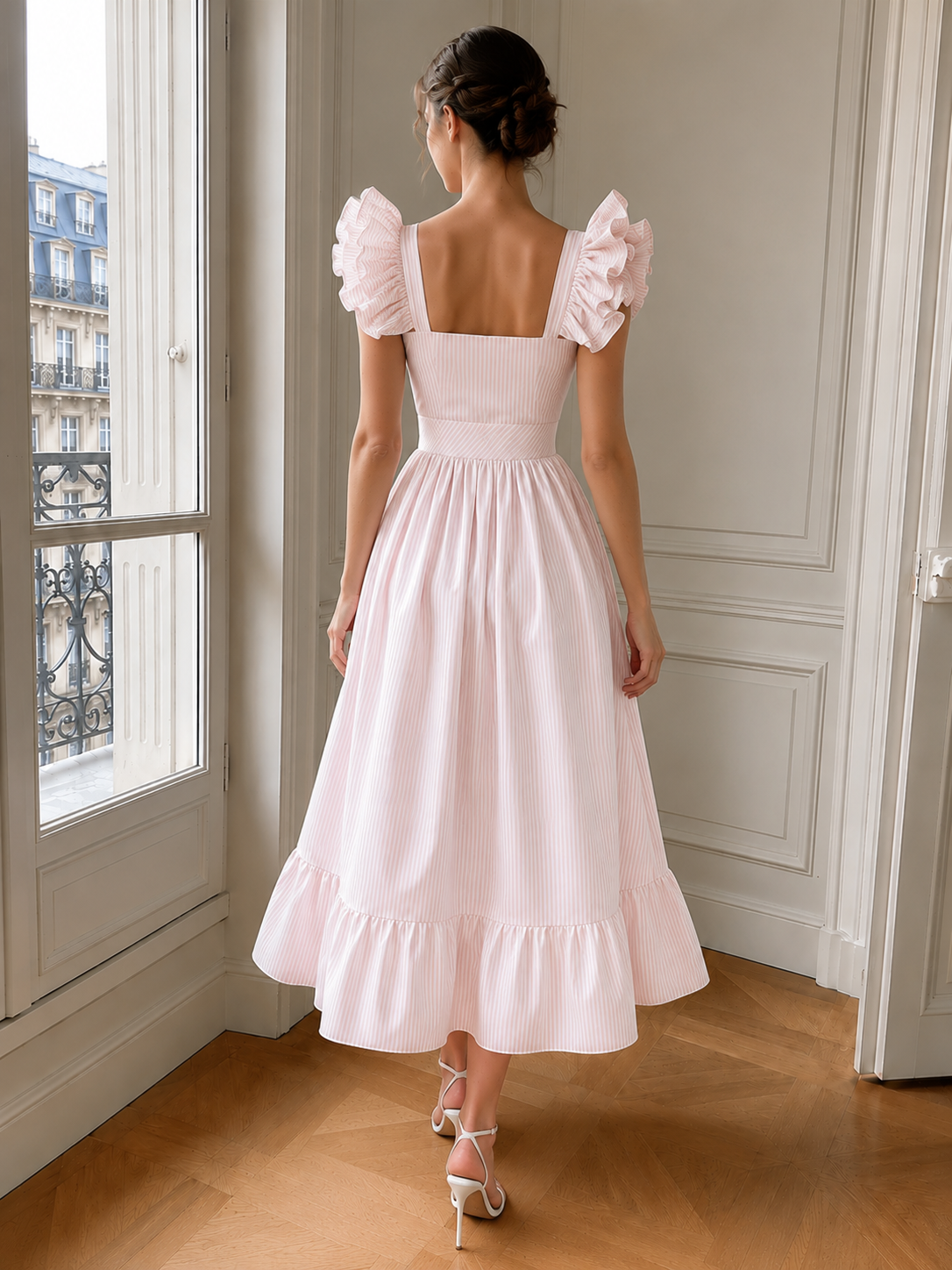 Ruffle Striped Square Collar Midi Dress