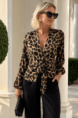 Leopard Print V-Neck Tie Long Sleeve Blouse