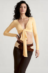Wrap Tie V Neck  Long Sleeve Cropped Crop Top