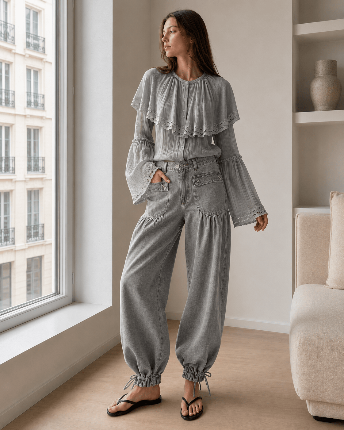 Ruched Mid Rise Wide Leg Jeans