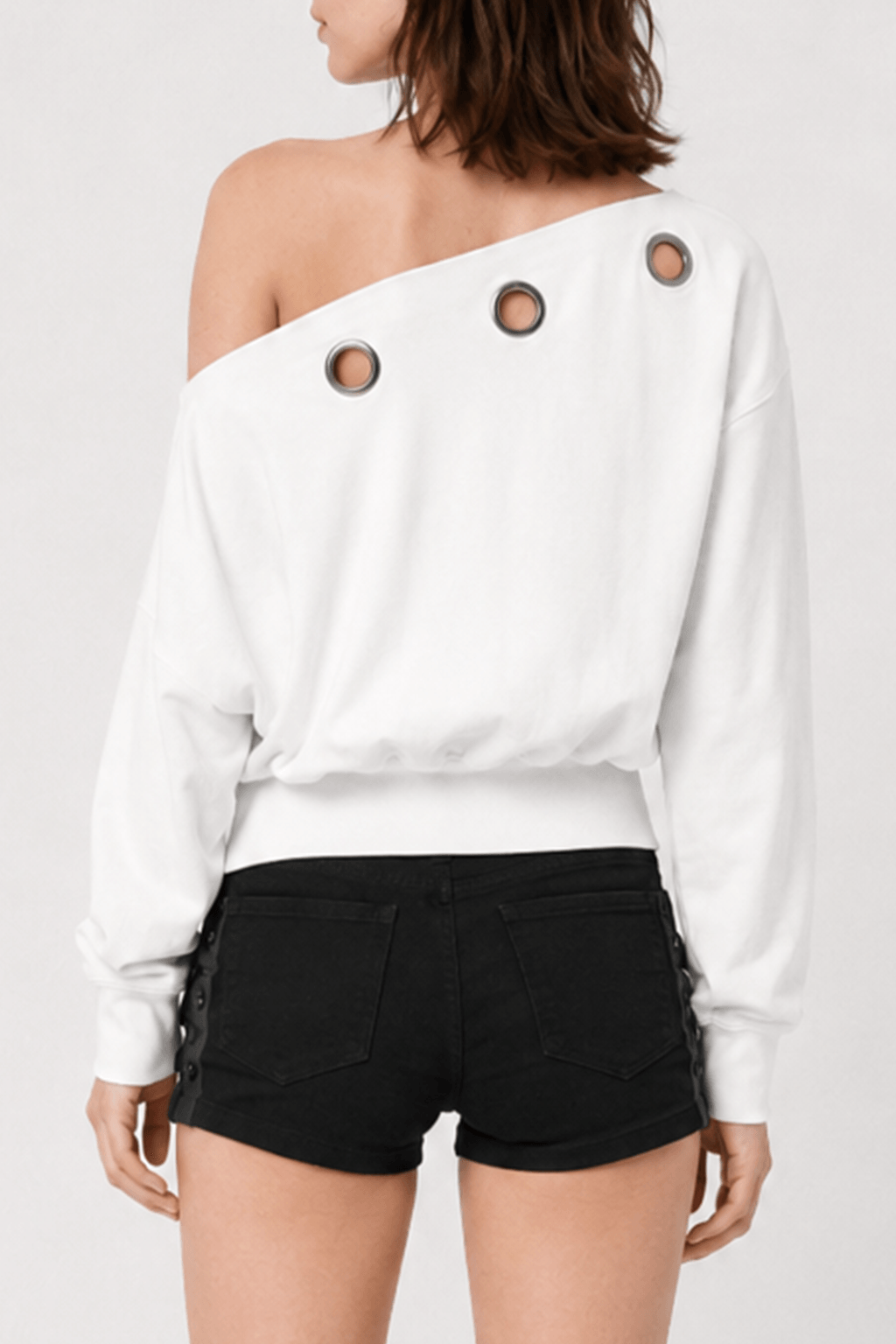 Solid Color Asymmetric Shoulder Cutout Long Sleeve Blouse