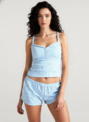 Check Floral Cami Top Elastic Shorts Loungewear Two Piece Set