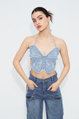 Raw Hem Butterfly Halter Neck Tie Detail Corset Top