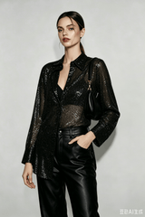 Sequin Collared Long Sleeve Glamorous Blouse