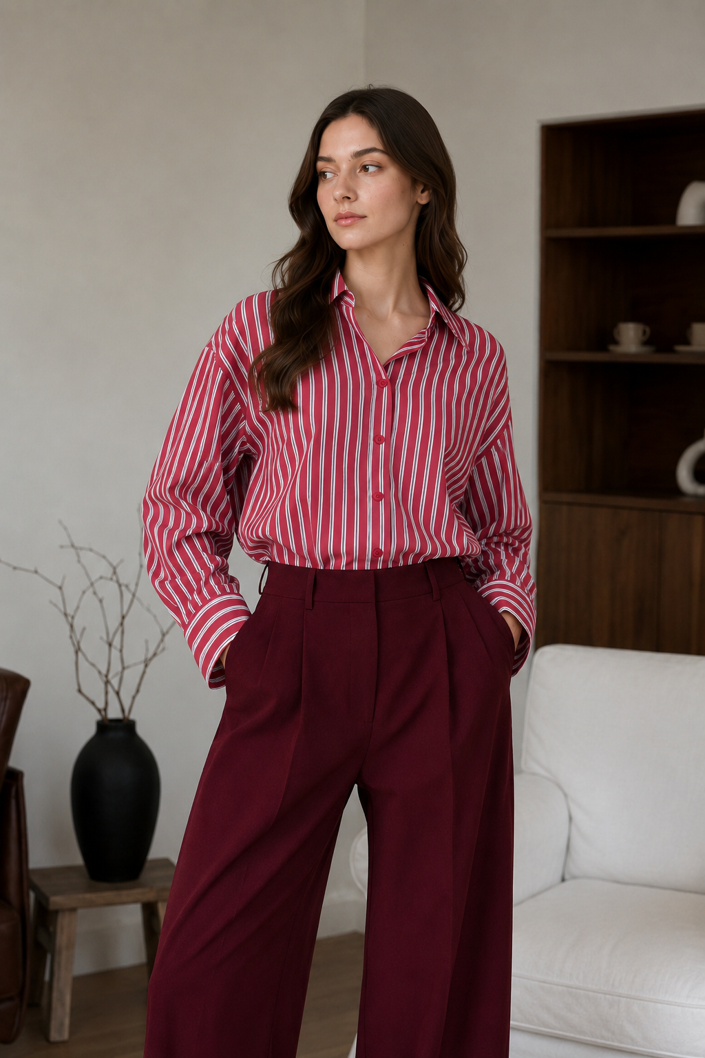 Red Striped Long Sleeve Distinctive British Blouse