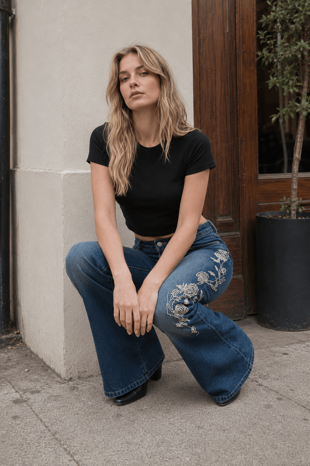 Vintage Gradient Rose Embroidery Bootcut Jeans