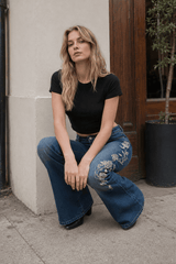 Vintage Gradient Rose Embroidery Bootcut Jeans