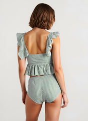 Backless Stripe Ruffle Bikini Two Piece Swim Set