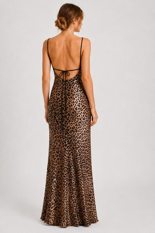Leopard Cowl Neck Backless Maxi Dress