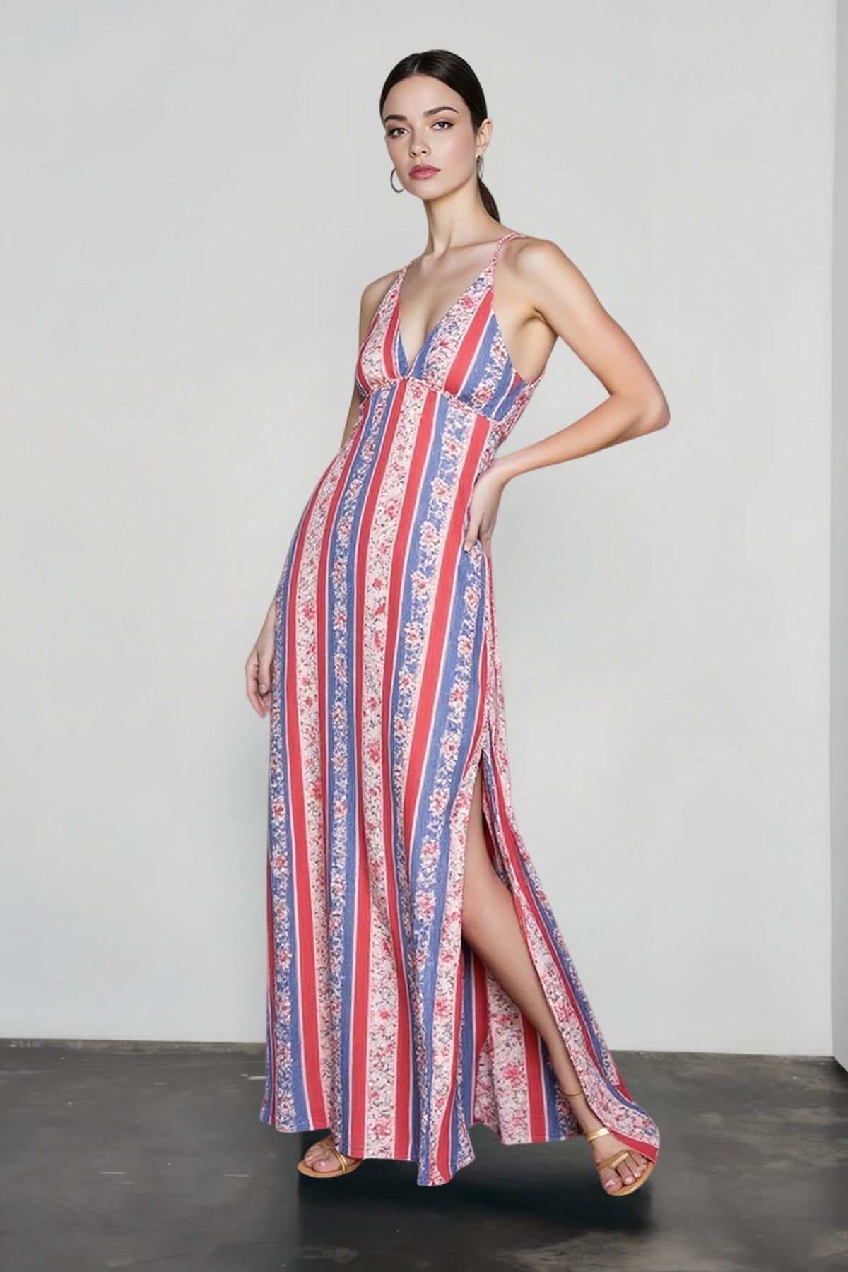 Bohemian Print V Neck Cami Slit Vacation Dress