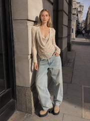 Loose Knit Solid Deep V Long Sleeve Blouse