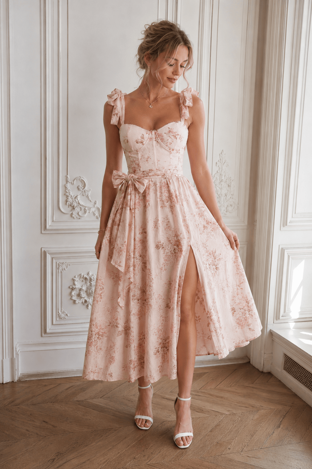 Floral Print Waist Tie Cami Midi Dress
