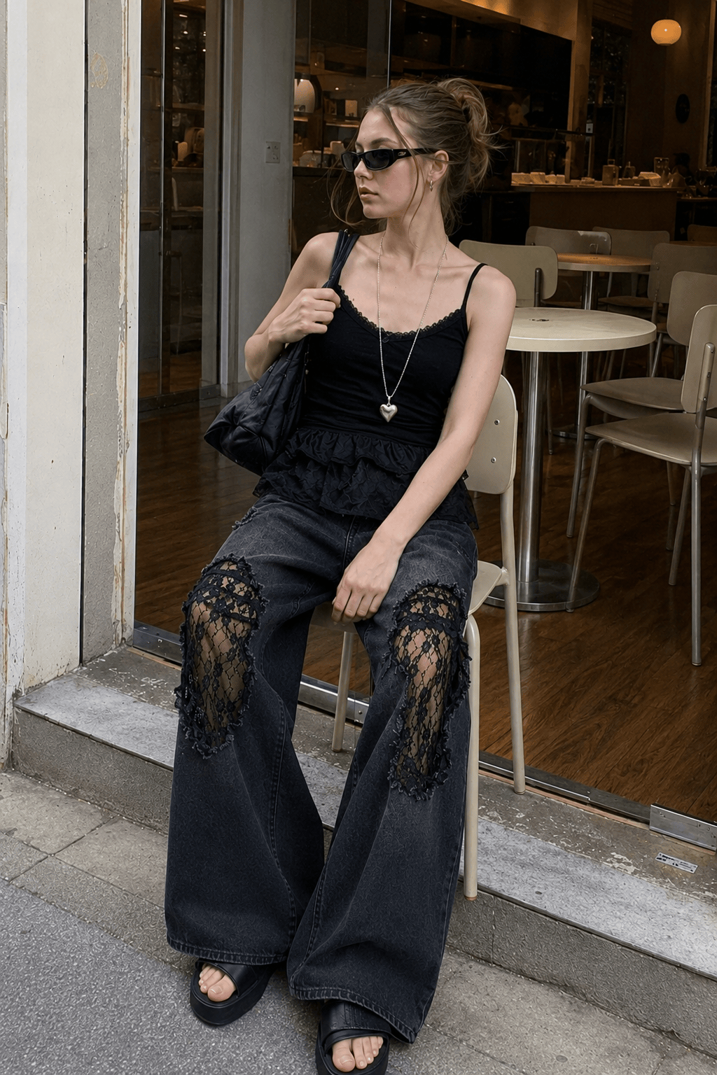 Lace Panel Ripped Wide Leg Jeans