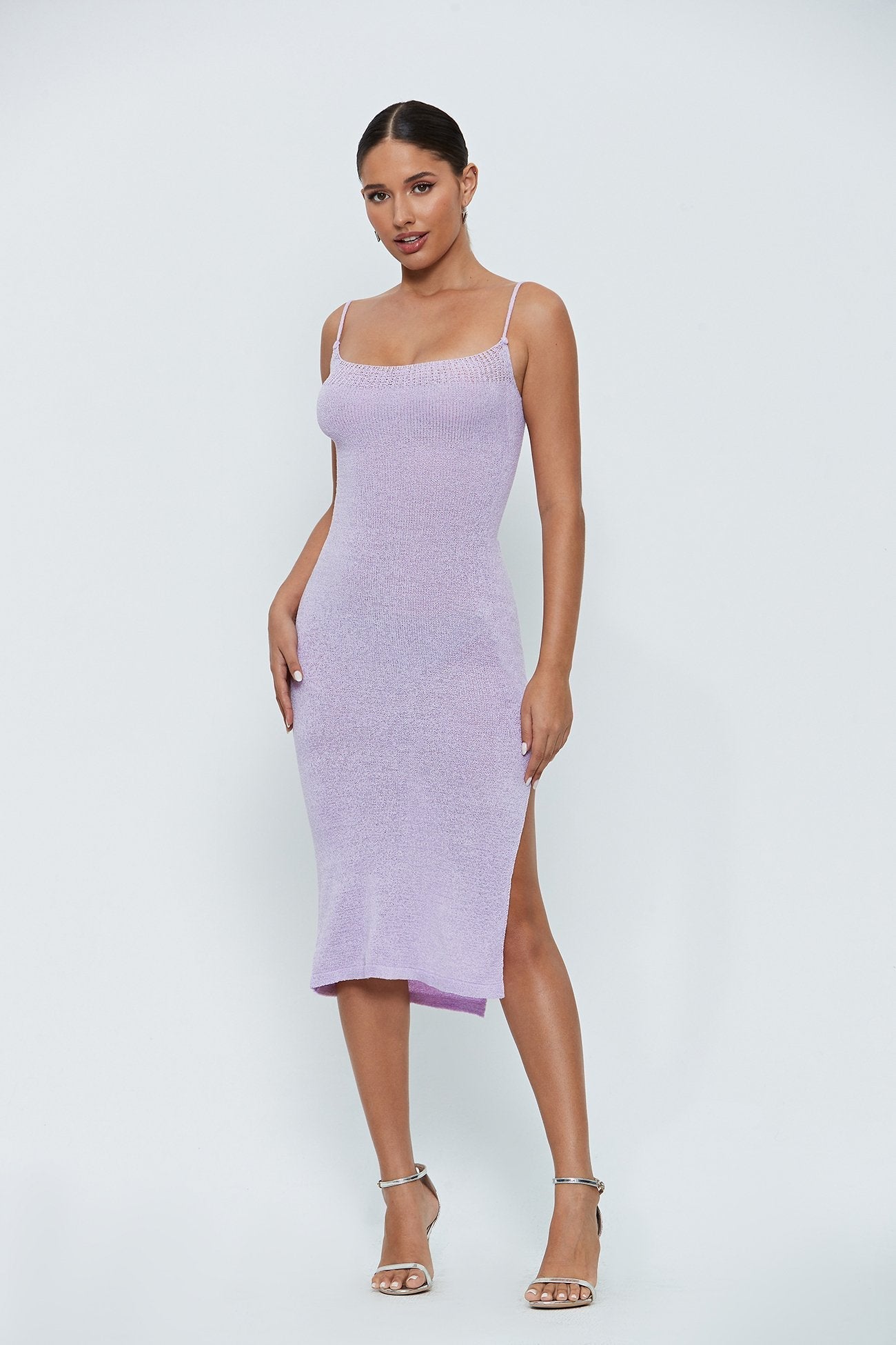 Plunging Neck Lace Up Split Hem Knitted Midi Dress
