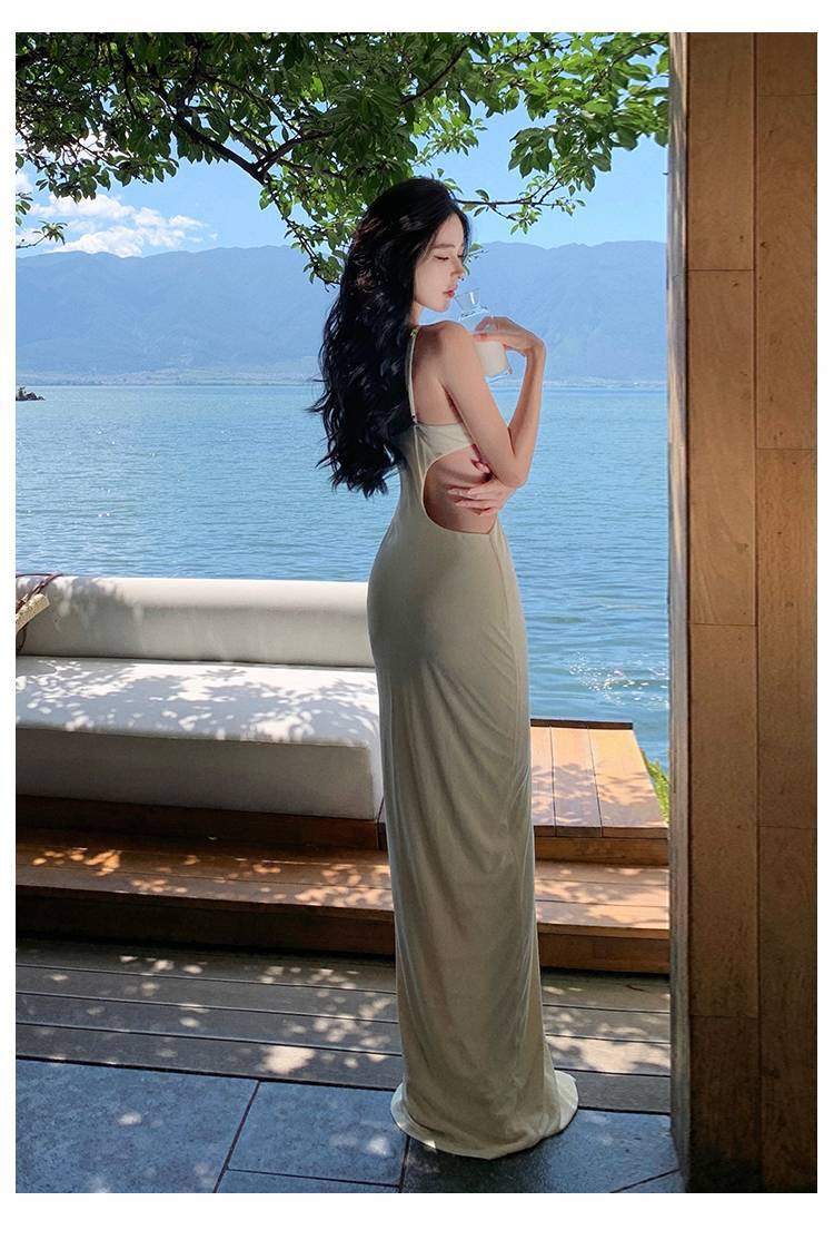 Floral Cut Out Halter Neck Backless Maxi Dress