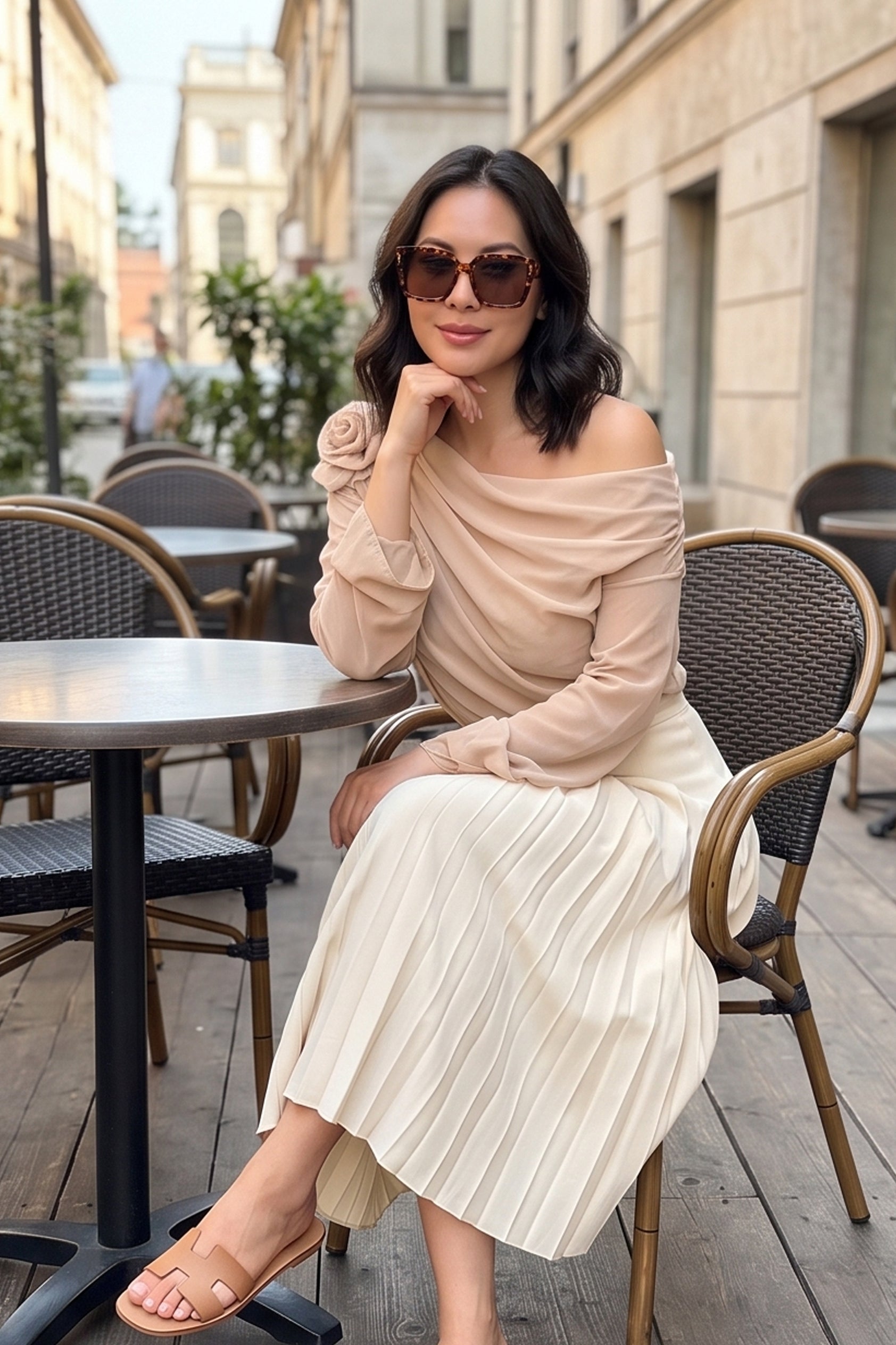 Chiffon Floral Off-the-Shoulder Fitted Blouse