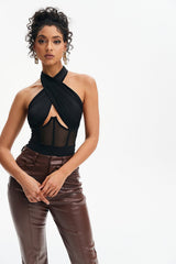 Crisscross Neck Mesh Splicing Boning Backless Bodysuit
