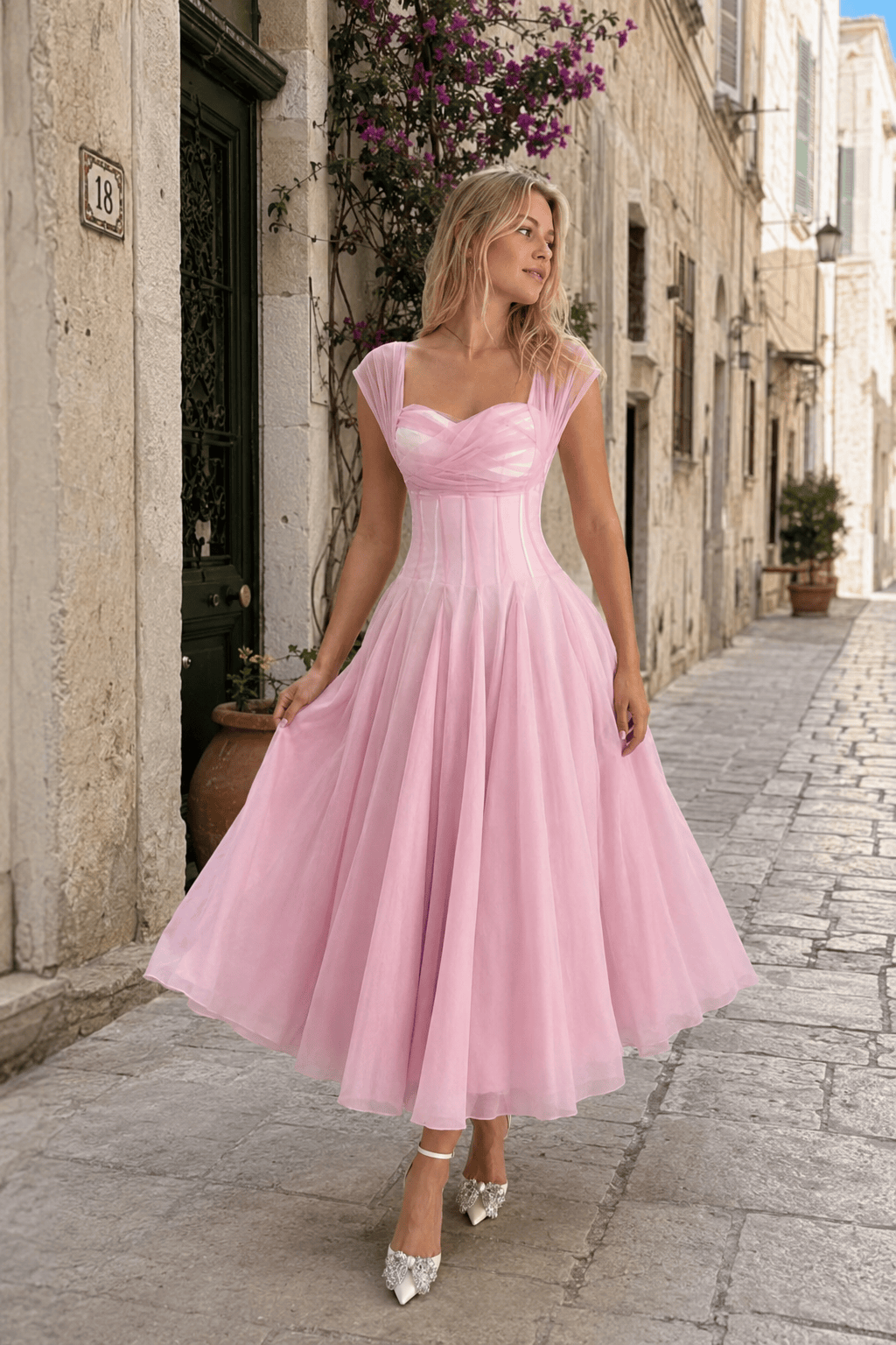 Soft Mesh Waist Flared Prom Dress