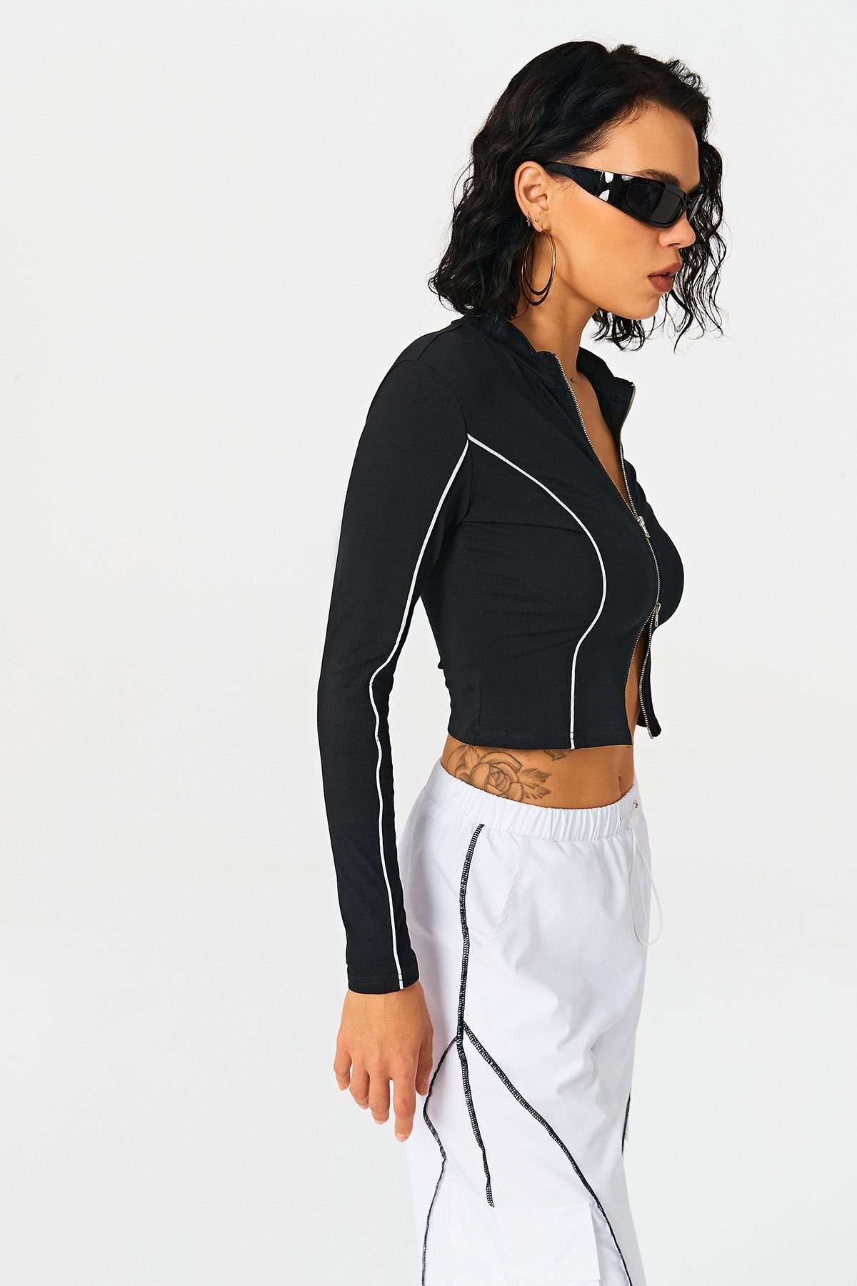 Lapel Neck Colorblock Trim Zip Up Long Sleeve Top