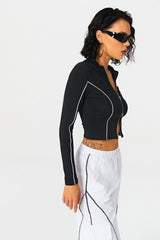 Lapel Neck Colorblock Trim Zip Up Long Sleeve Top
