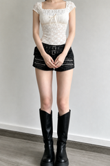 Square Neck Lace Spliced Tie Slim Blouse