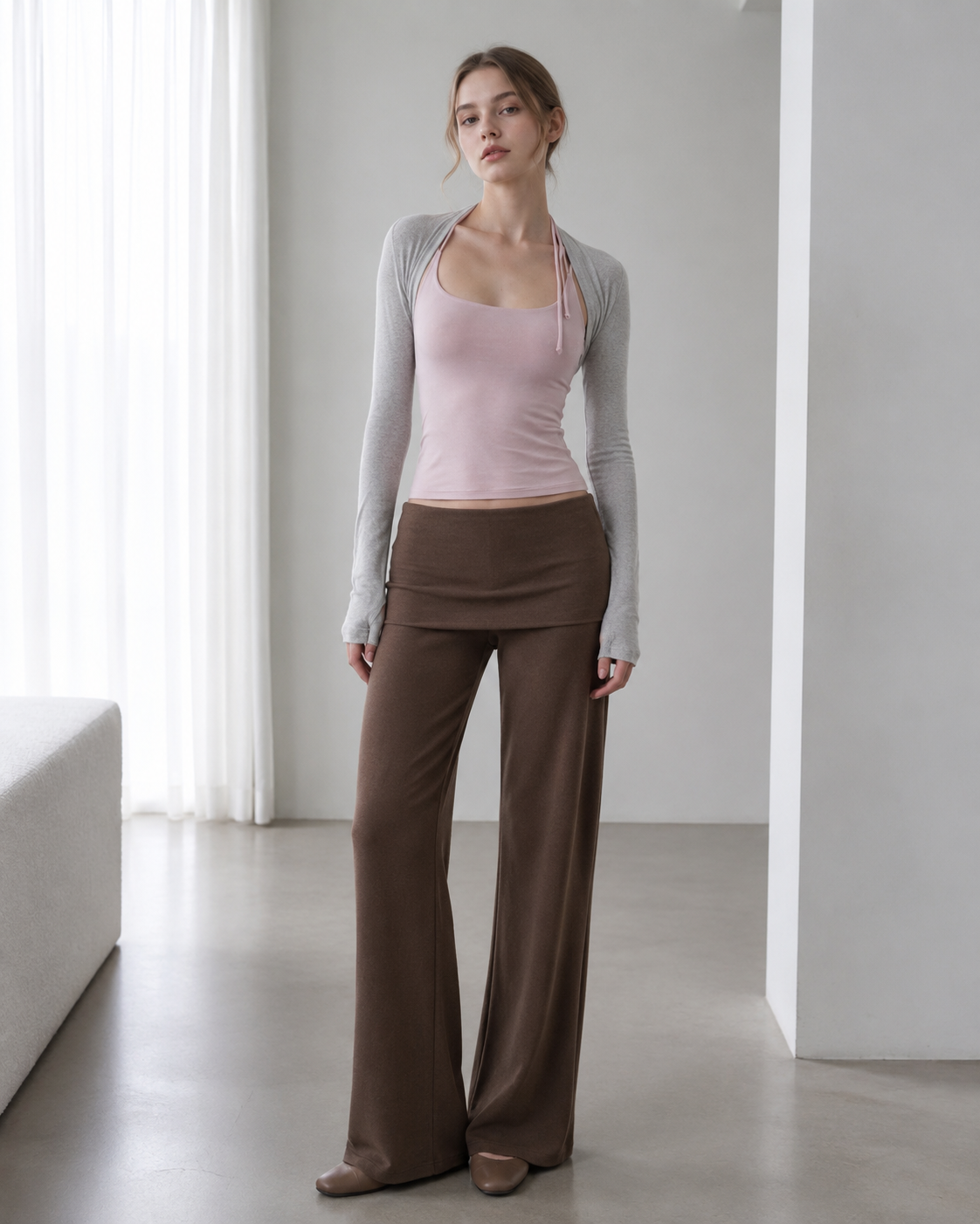 Solid Knit Foldover Waist Flowy Pants