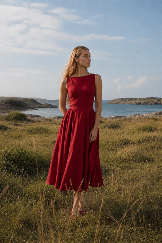 Fashion Solid Sleeveless Waisted Slim Midi Dress
