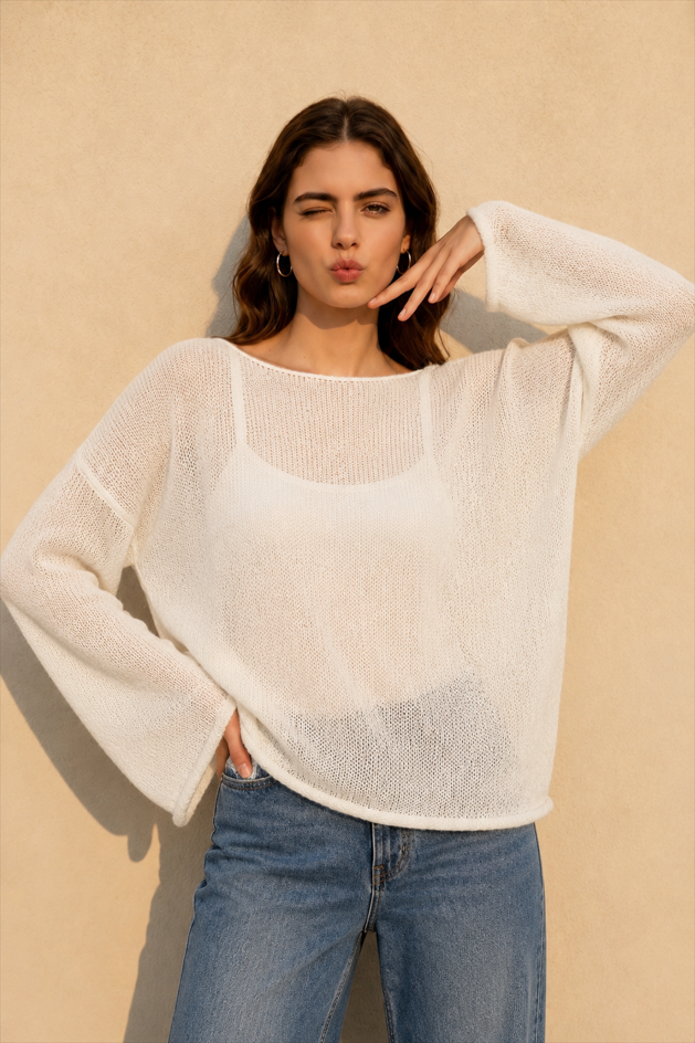 Hollow Out Bell Sleeve Knit Sweater