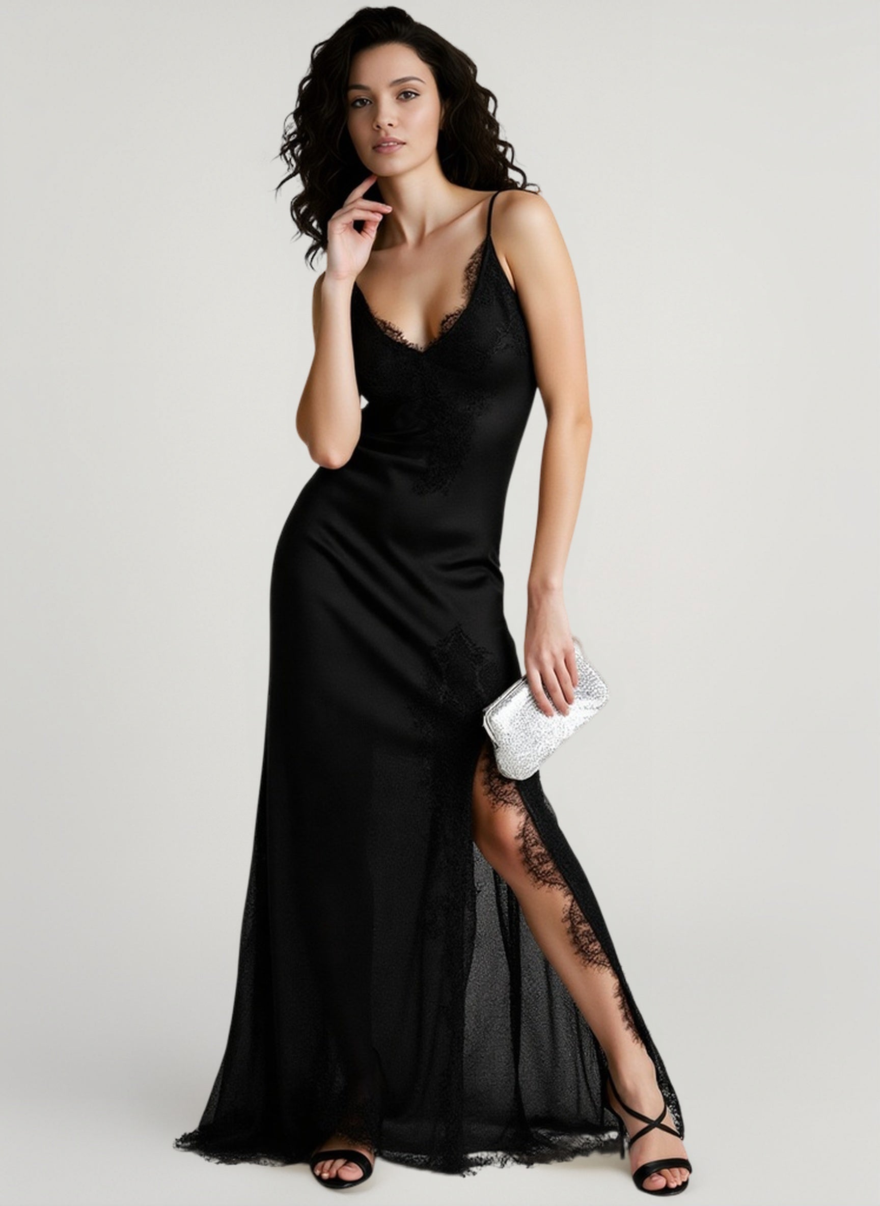 Satin Feel Lace Panel Maxi Vacation Dress