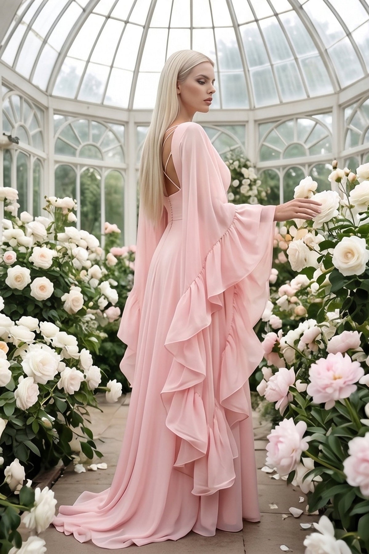 Ruffle Flared Sleeve Tulle Puff Tiered Maxi Dress
