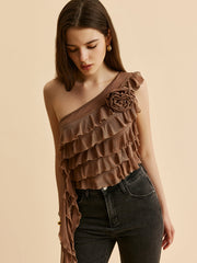 One-Shoulder Ruffled Rosette Detail Top