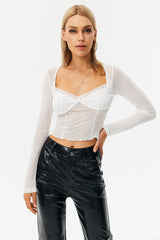 Lace Trim Mesh Cut Out Long Sleeve Top