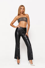 Low Waist Lace Up Split Hem PU Leather Straight Pants